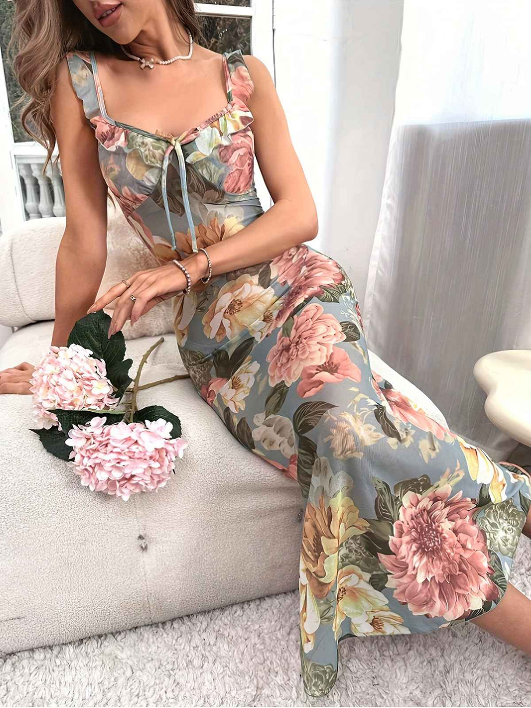 Multicolor Floral V-Neck Straps Nightgown: where romance meets her modern spirit