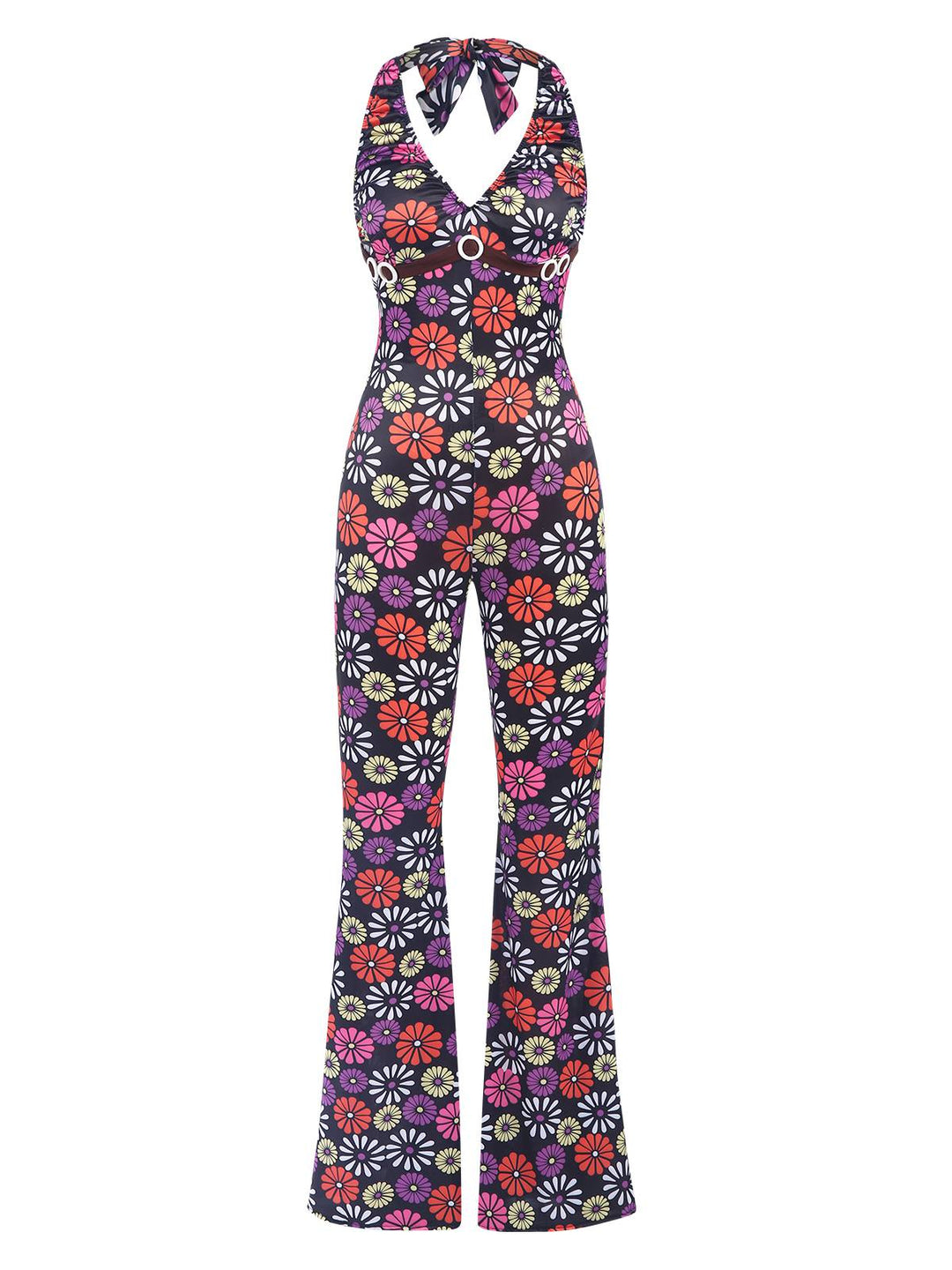 She finds her 1970s story in this Multicolor 1970s Hippie Floral Halter Jumpsuit