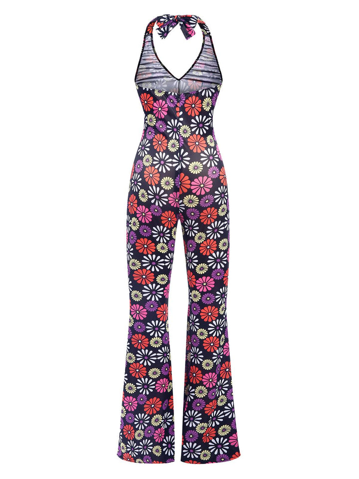 Multicolor 1970s Hippie Floral Halter Jumpsuit, vintage romper, retro jumpsuit - perfect for women who love vintage and retro fashion
