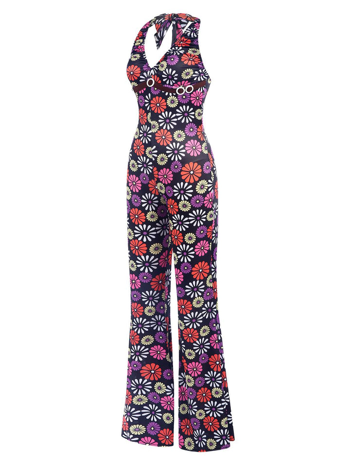 Multicolor 1970s Hippie Floral Halter Jumpsuit, vintage romper, retro jumpsuit - perfect for women who love vintage and retro fashion