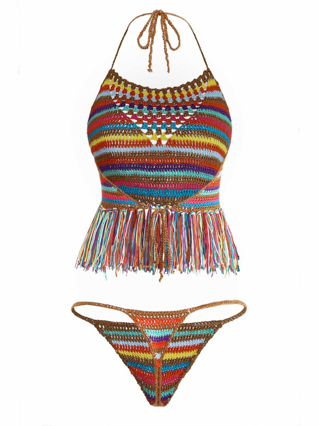 Multicolor 1970s Striped Tassel Crochet Halter Bikini Set | vintage swimwear, retro swimsuit, pin-up style - perfect for retro fashion enthusiasts
