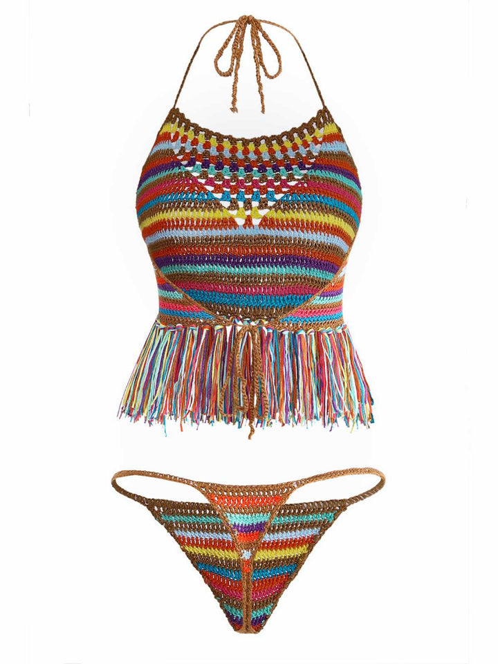 Multicolor 1970s Striped Tassel Crochet Halter Bikini Set | vintage swimwear, retro swimsuit, pin-up style - perfect for retro fashion enthusiasts
