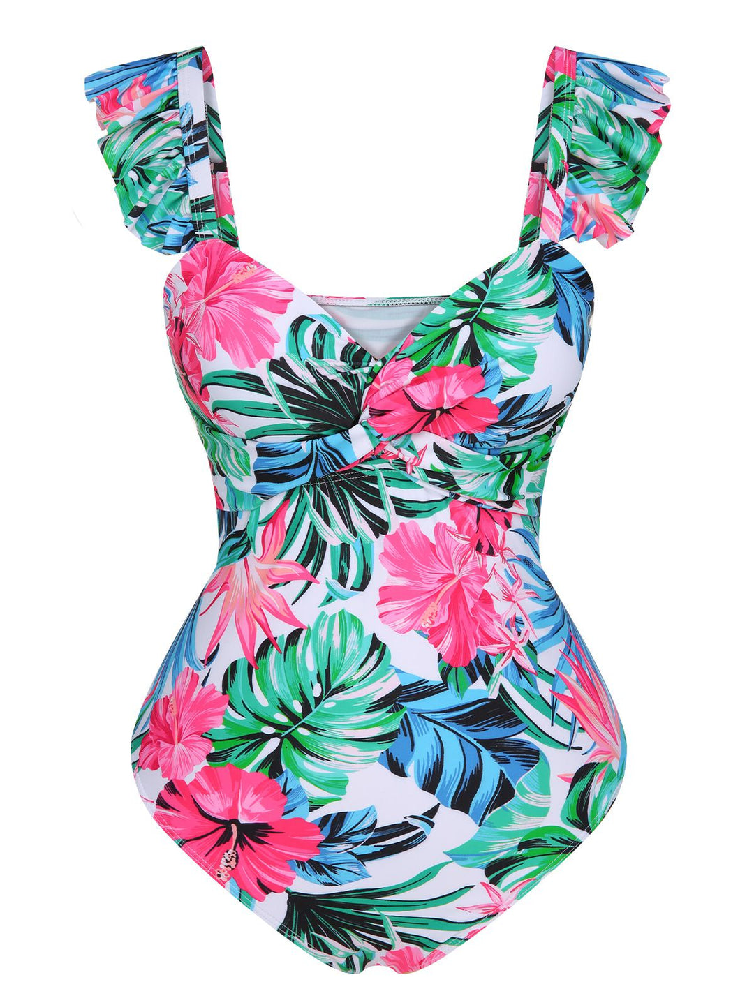 Multicolor 1970s Tropical Plants Ruffles Swimsuit, vintage swimsuit, pin-up swimwear - perfect for women who love vintage and retro fashion