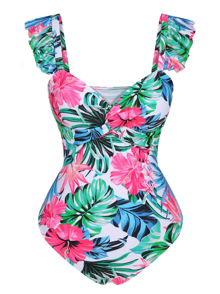 Multicolor 1970s Tropical Plants Ruffles Swimsuit, vintage swimsuit, pin-up swimwear - perfect for women who love vintage and retro fashion