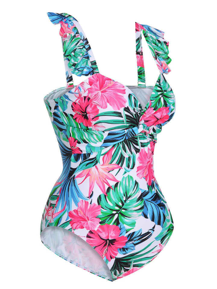 Multicolor 1970s Tropical Plants Ruffles Swimsuit, vintage swimsuit, pin-up swimwear - perfect for women who love vintage and retro fashion