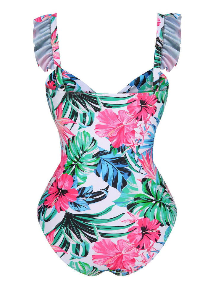 Multicolor 1970s Tropical Plants Ruffles Swimsuit, vintage swimsuit, pin-up swimwear - perfect for women who love vintage and retro fashion