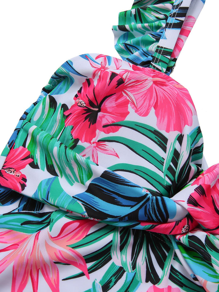 Multicolor 1970s Tropical Plants Ruffles Swimsuit, vintage swimsuit, pin-up swimwear - perfect for women who love vintage and retro fashion