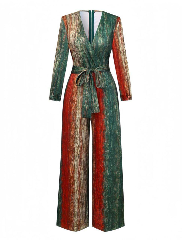 Multicolor 1970s V-Neck Belted Jumpsuit - vintage jumpsuit, retro fashion