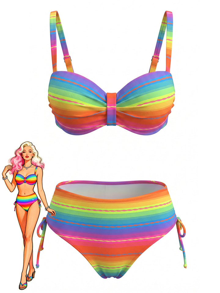 Multicolor Rainbow Ruched Bikini Set, vintage swimsuit, swimwear - perfect for women who love vintage and retro fashion