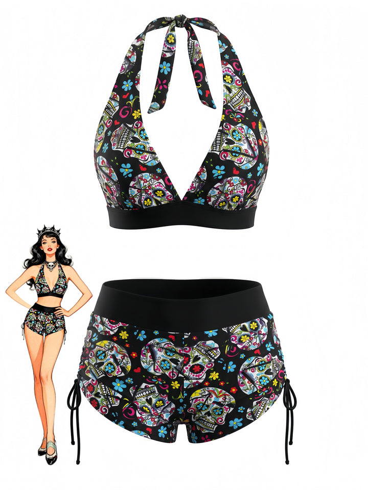 Multicolor Sugar Skull Halter Gothic Bikini Set, vintage swimsuit, swimwear - perfect for women who love vintage and retro fashion