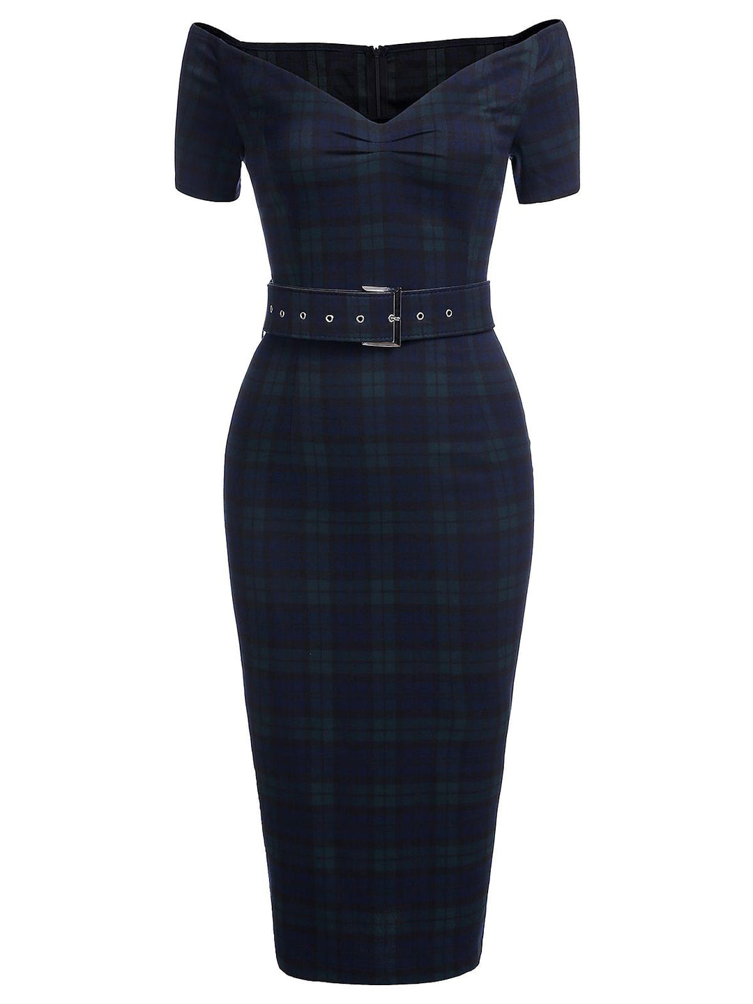 Navy 1960s Plaids Bodycon Dress, classic 1960s style elegant retro fashion - Image 2