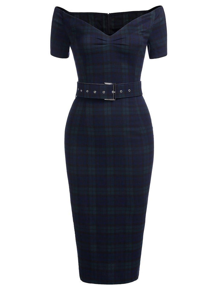 Navy 1960s Plaids Bodycon Dress, classic 1960s style elegant retro fashion - Image 2