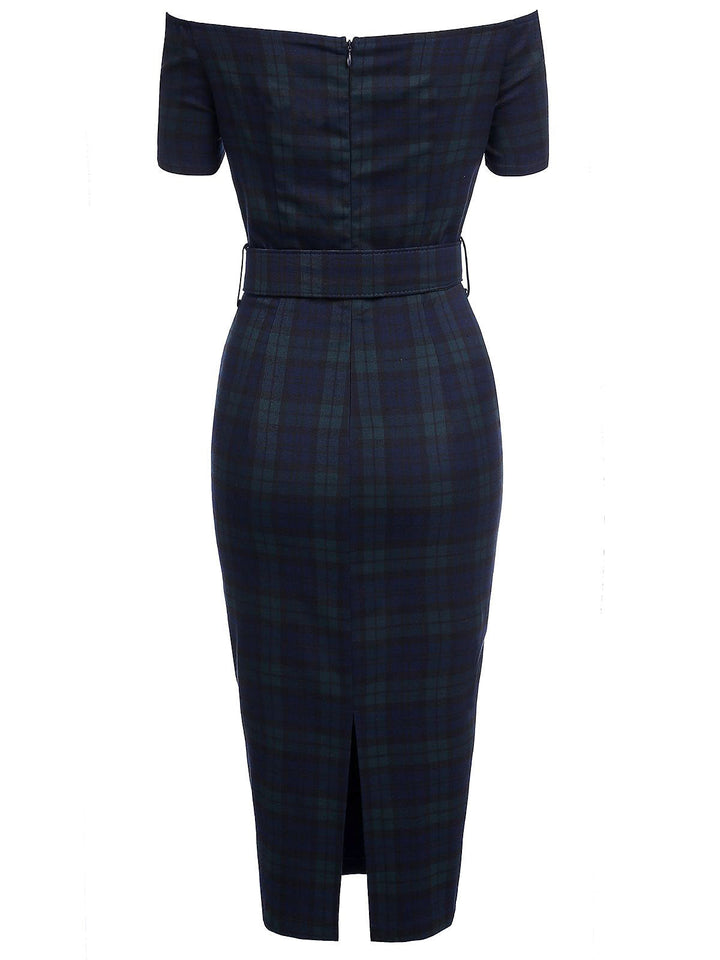 Navy 1960s Plaids Bodycon Dress, classic 1960s style elegant retro fashion - Image 3
