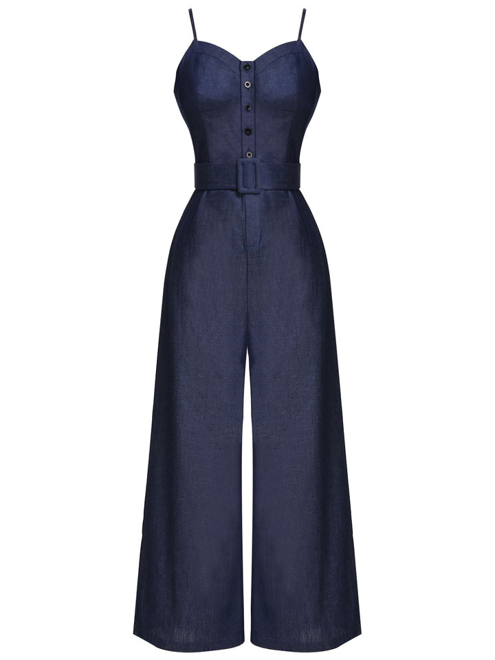 Navy Blue 1930s Cowboy Solid Strap Jumpsuit — vintage elegance for the modern woman