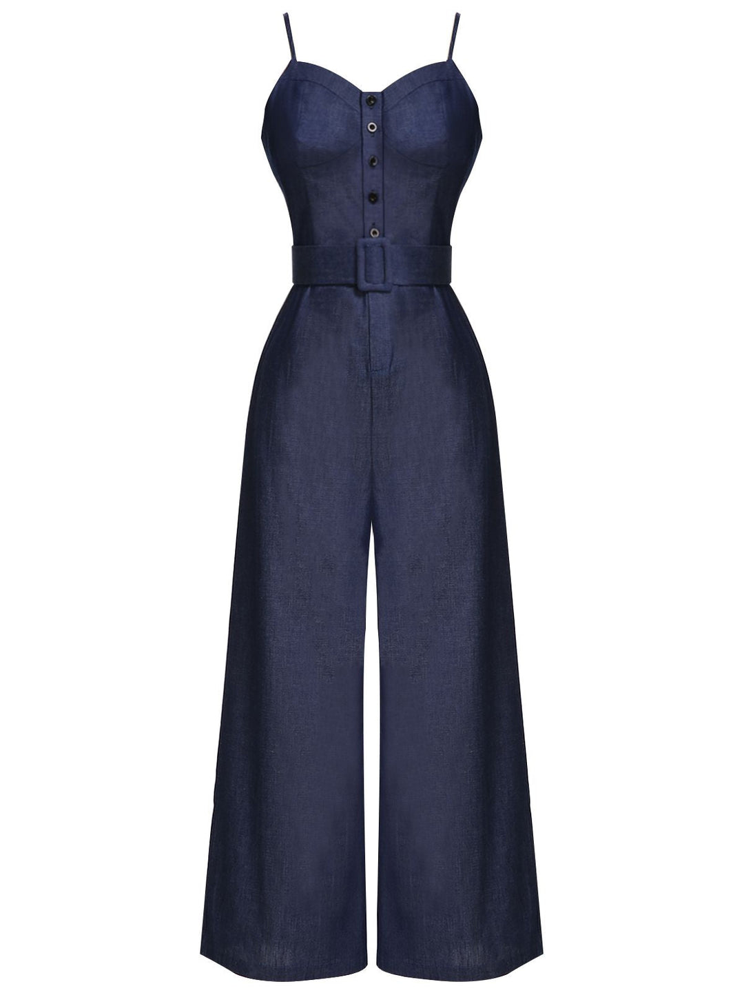 Navy Blue 1930s Cowboy Solid Strap Jumpsuit — vintage elegance for the modern woman