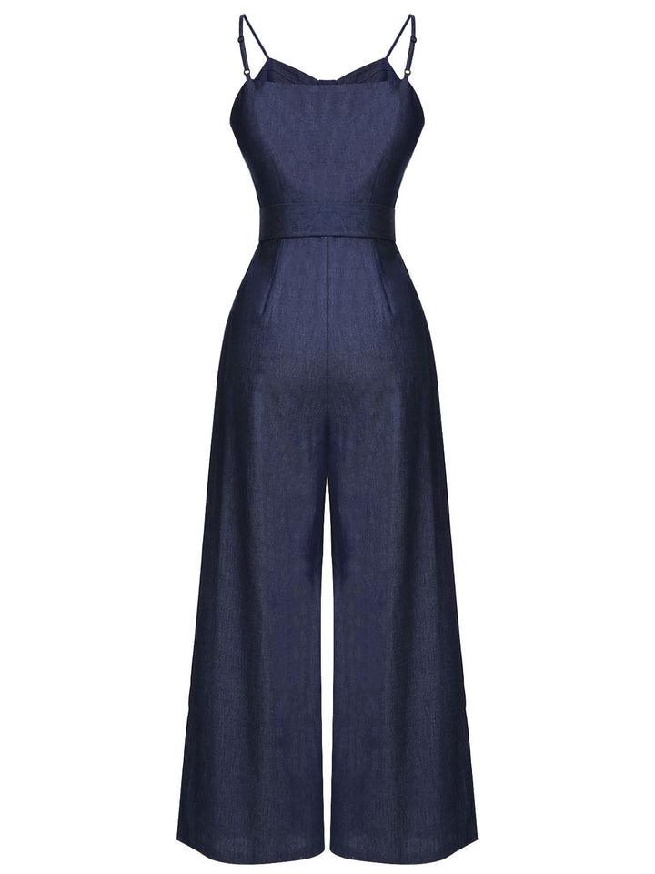 Navy Blue 1930s Cowboy Solid Strap Jumpsuit — vintage elegance for the modern woman