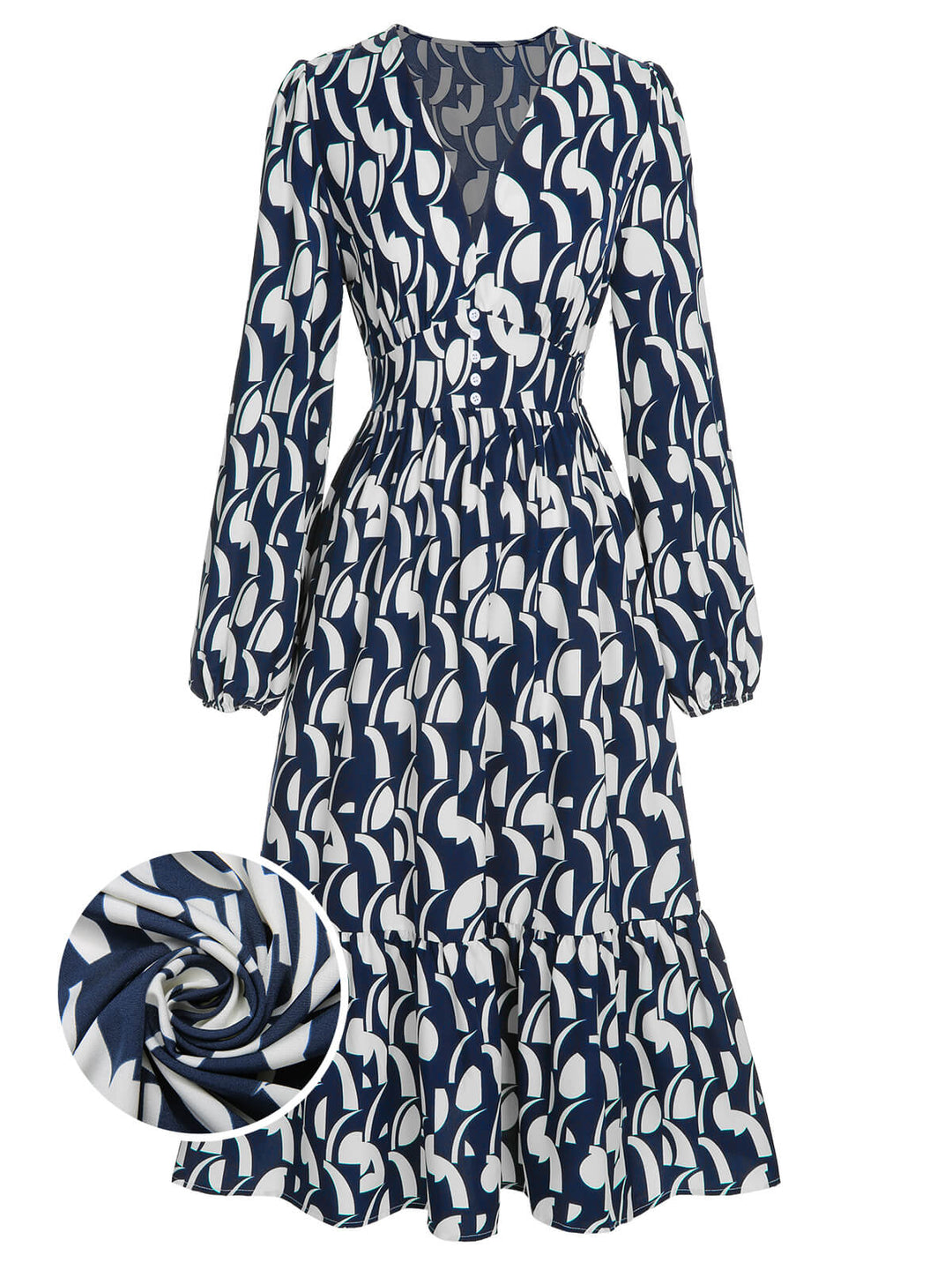She slips into this Navy Blue 1930s Geometric Printed V-Neck Dress and suddenly it&
