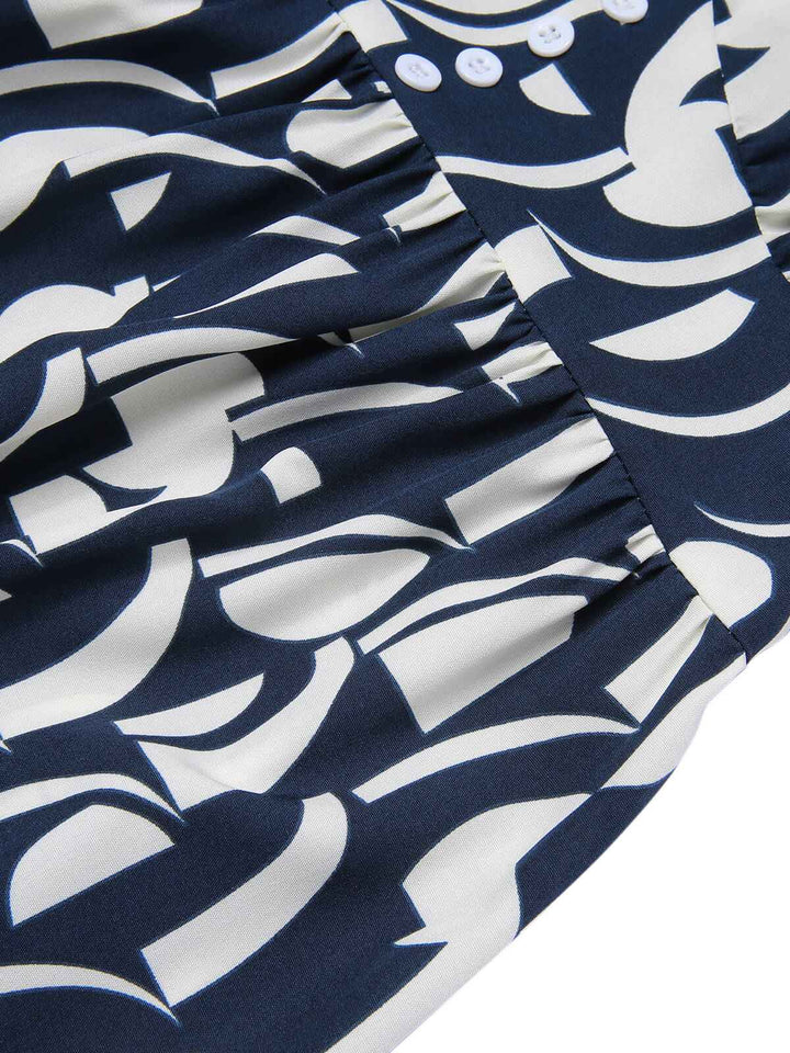 She slips into this Navy Blue 1930s Geometric Printed V-Neck Dress and suddenly it&