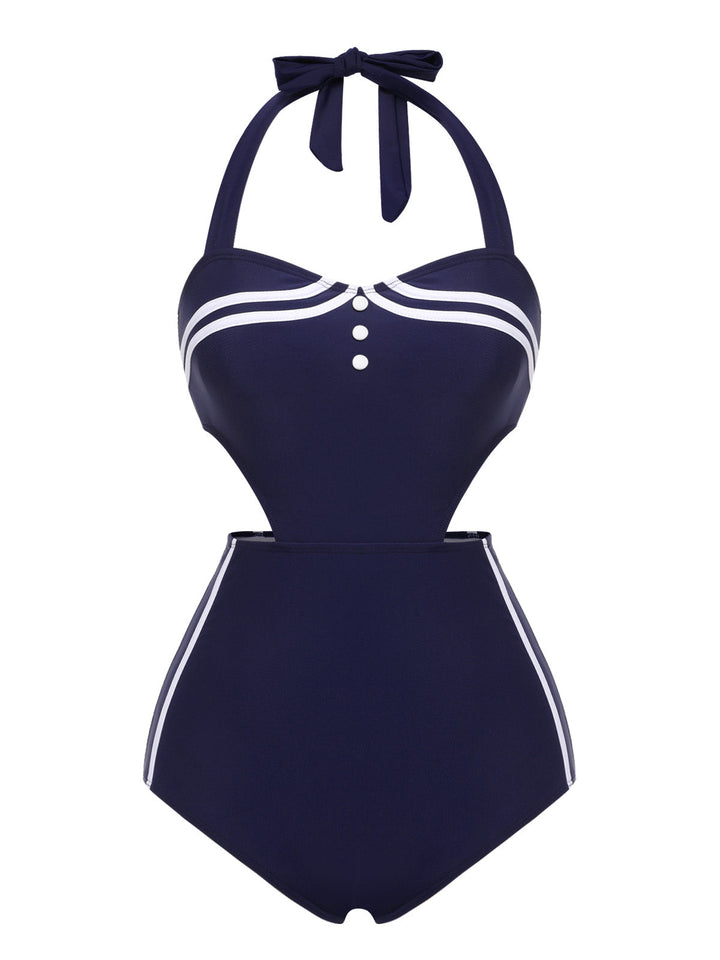 Navy Blue 1930s Halter One-piece Swimsuit — vintage elegance for the modern woman