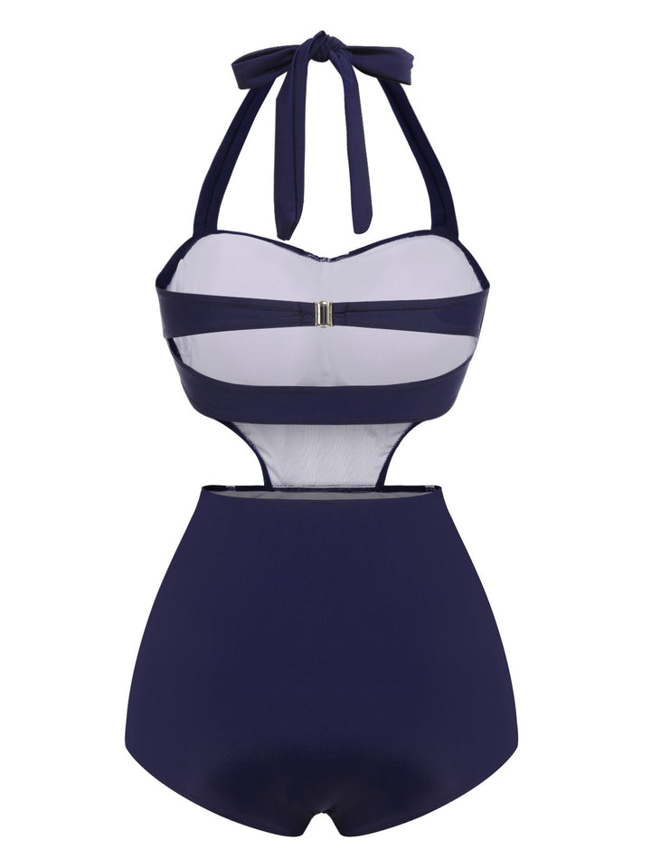 Navy Blue 1930s Halter One-piece Swimsuit — vintage elegance for the modern woman