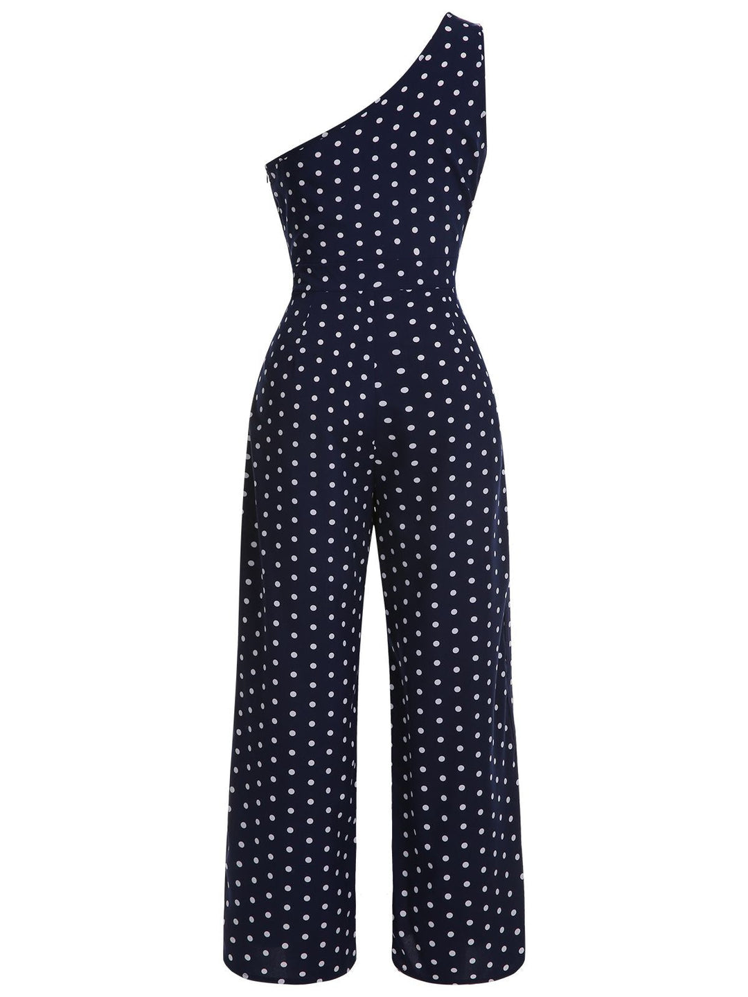 Navy Blue 1930s One-shoulder Dot Jumpsuit, vintage romper, retro jumpsuit - perfect for women who love vintage and retro fashion