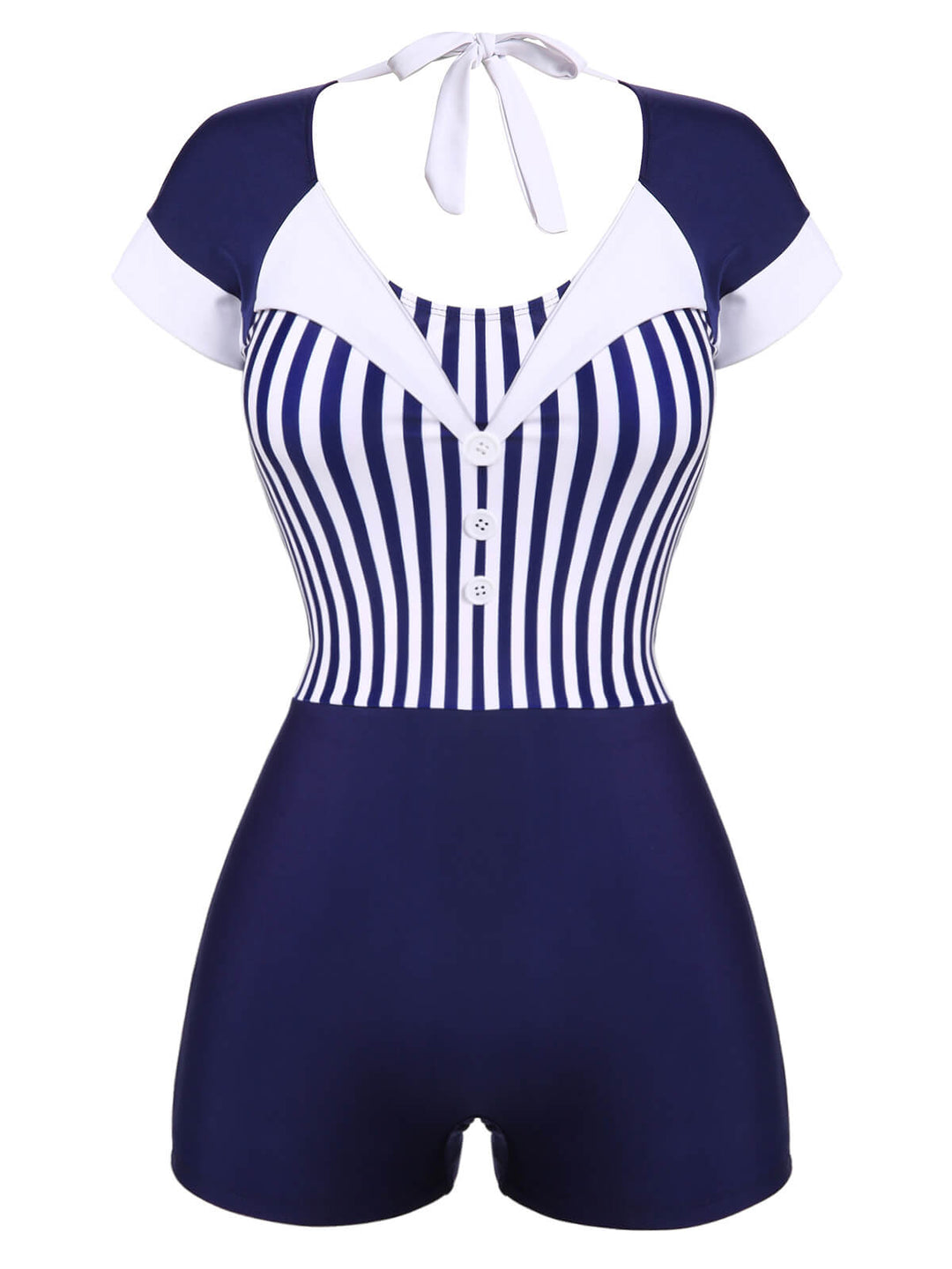 Navy Blue 1930s Stripe Patchwork Swimsuit — vintage elegance for the modern woman