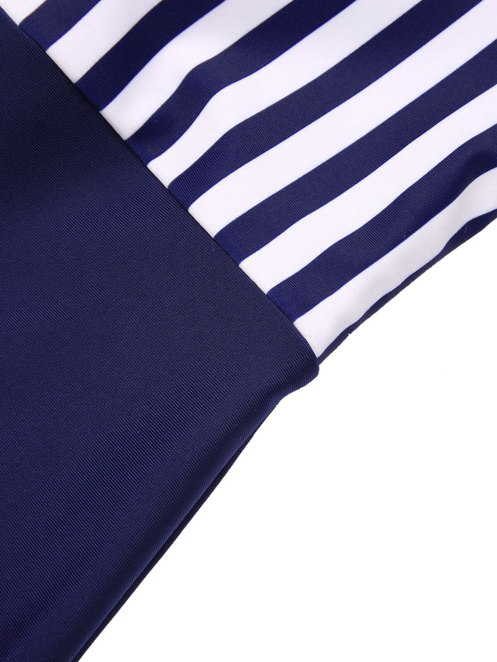 Navy Blue 1930s Stripe Patchwork Swimsuit — vintage elegance for the modern woman