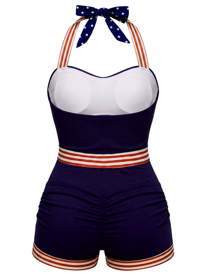 [Pre-Sale] Navy Blue 1940s Halter Star &amp; Stripe &amp; Anchor Patchwork Swimsuit, vintage swimsuit, pin-up swimwear - perfect for women who love vintage and retro fashion