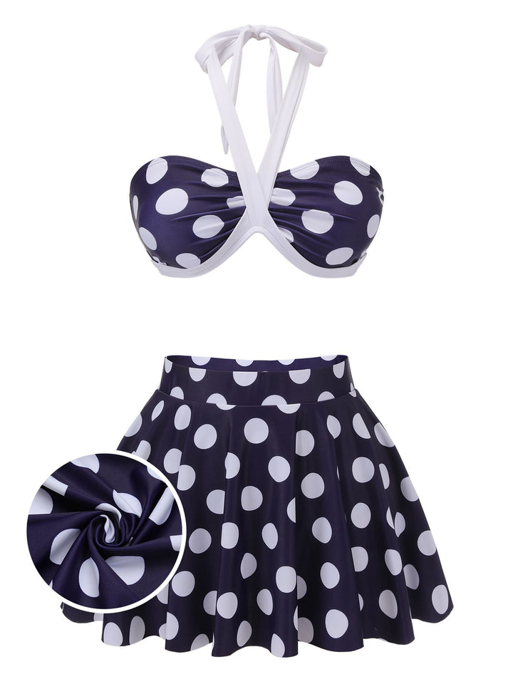 Navy Blue Polka Dot Halter Swimsuit: timeless style reimagined