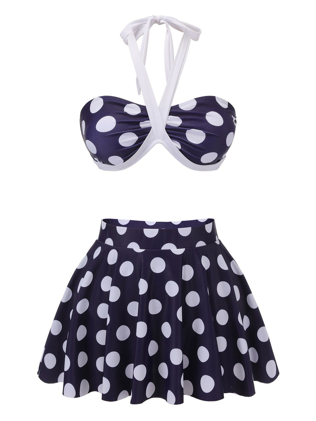 Navy Blue Polka Dot Halter Swimsuit — vintage elegance for the modern woman