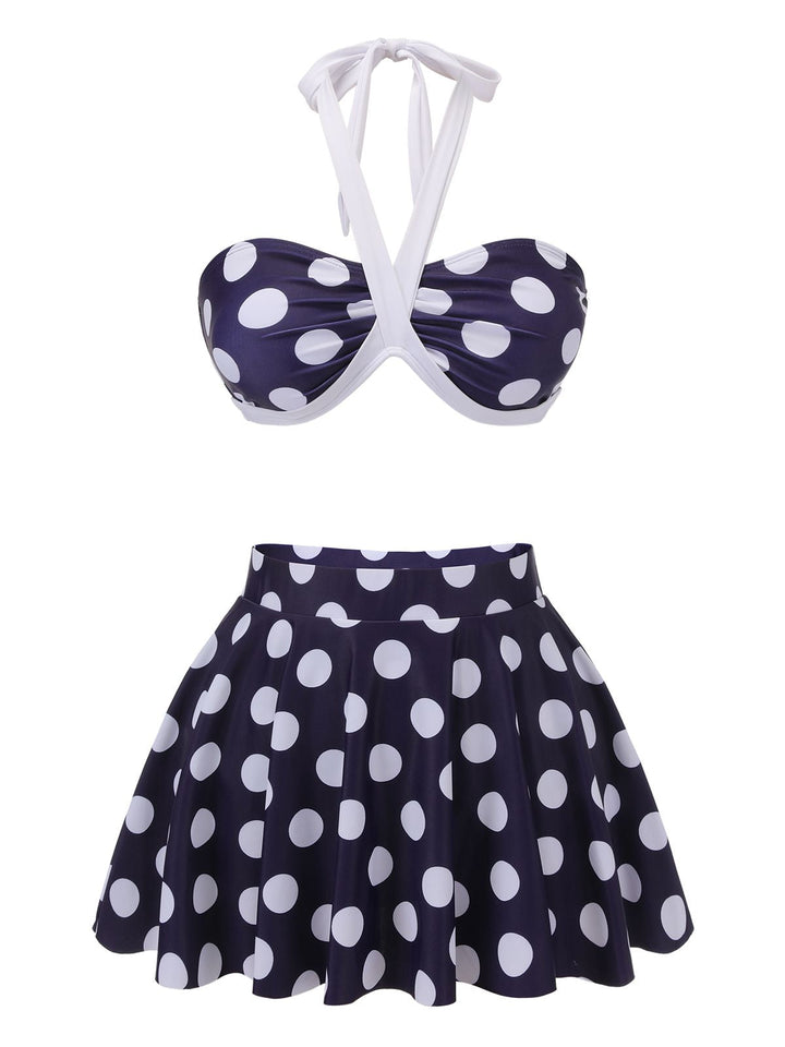 Navy Blue Polka Dot Halter Swimsuit — vintage elegance for the modern woman