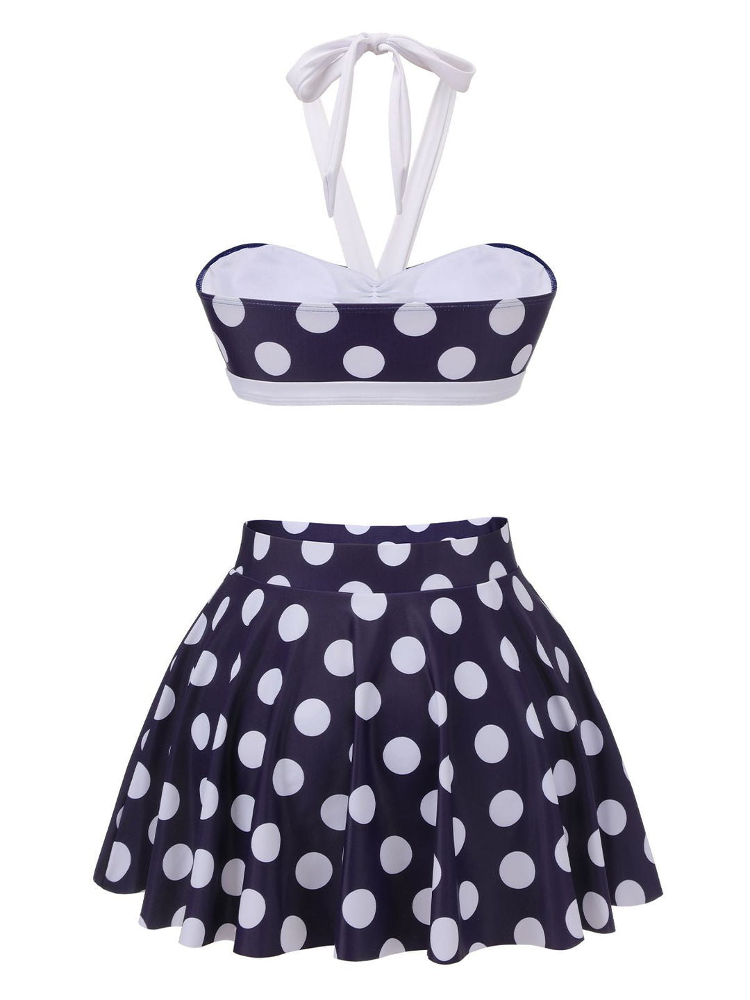 Navy Blue Polka Dot Halter Swimsuit — vintage elegance for the modern woman