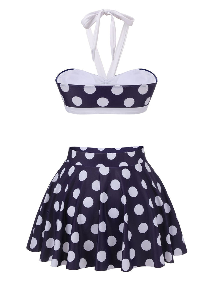 Navy Blue Polka Dot Halter Swimsuit — vintage elegance for the modern woman