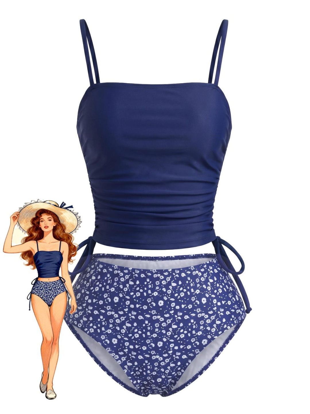 Navy Print Spaghetti Strap Tankini Set 2