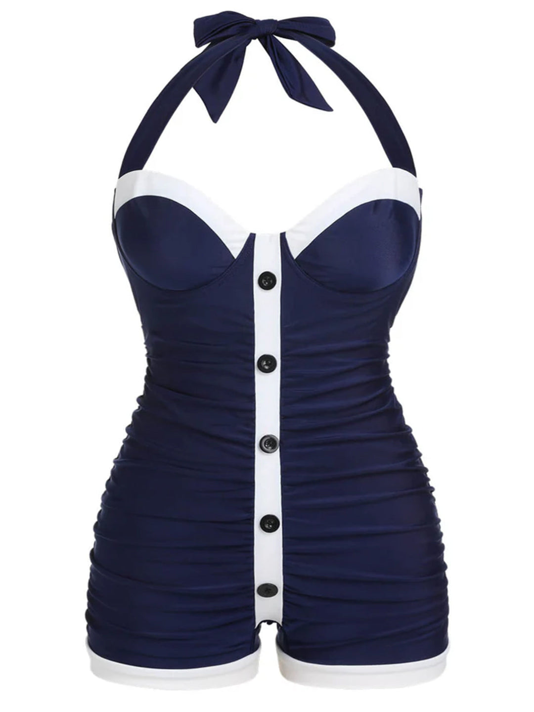 Navy Blue 1950s Pleated Halter Swimsuit: timeless style reimagined