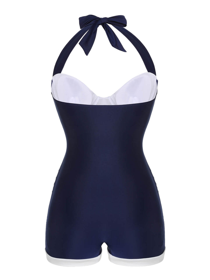 Navy Blue 1950s Pleated Halter Swimsuit, vintage swimsuit, pin-up swimwear - perfect for women who love vintage and retro fashion