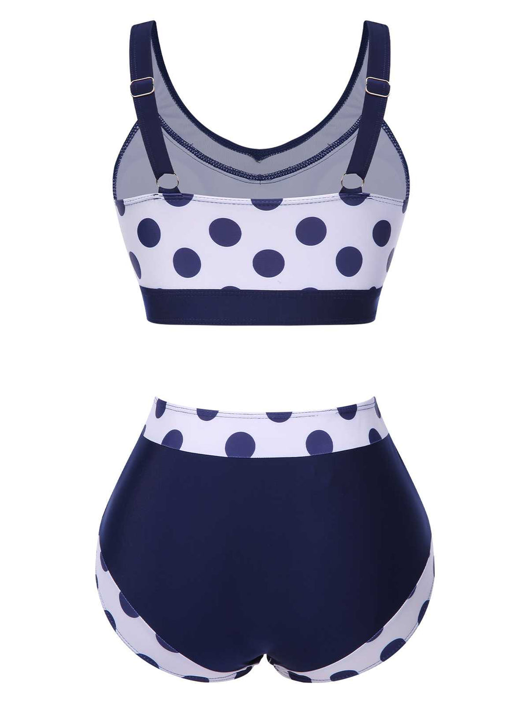 This Navy Blue 1950s Polka Dots High-Waist Swimsuit carries 1950s vacation dreams in every stitch