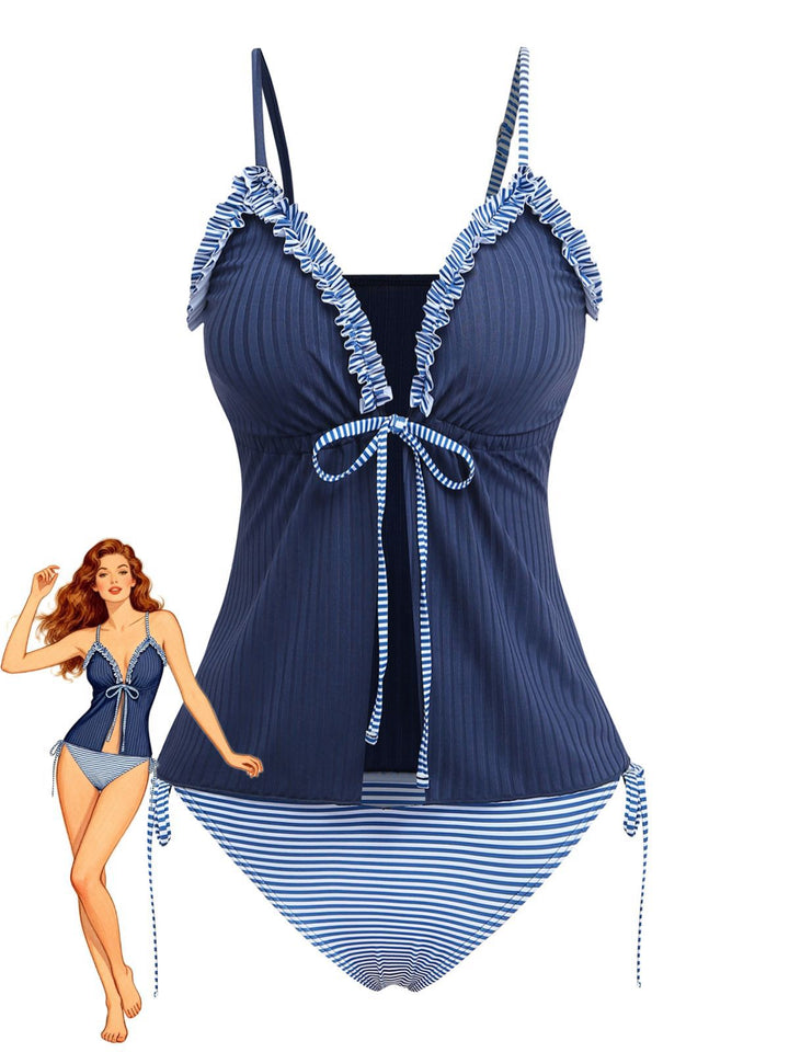 Navy Blue 1950s Ruffled Striped Tie Front Tankini Set - vintage fashion, retro style, classic elegance for vintage lovers