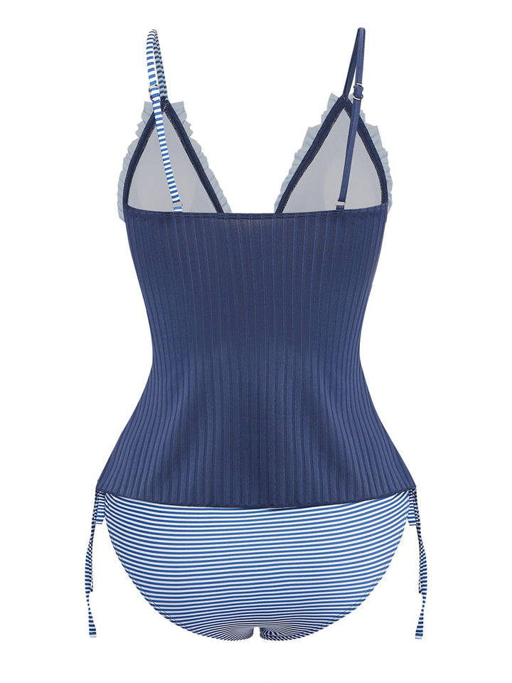 Navy Blue 1950s Ruffled Striped Tie Front Tankini Set | vintage fashion, retro style, classic elegance - perfect for retro fashion enthusiasts