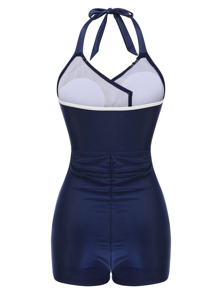 Navy Blue 1950s Solid Belt Button Halter Swimsuit, vintage swimsuit, pin-up swimwear - perfect for women who love vintage and retro fashion