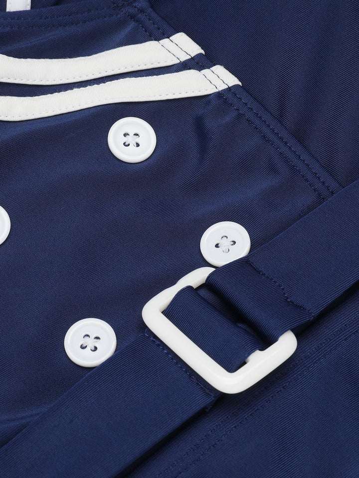 Navy Blue 1950s Solid Belt Button Halter Swimsuit, vintage swimsuit, pin-up swimwear - perfect for women who love vintage and retro fashion