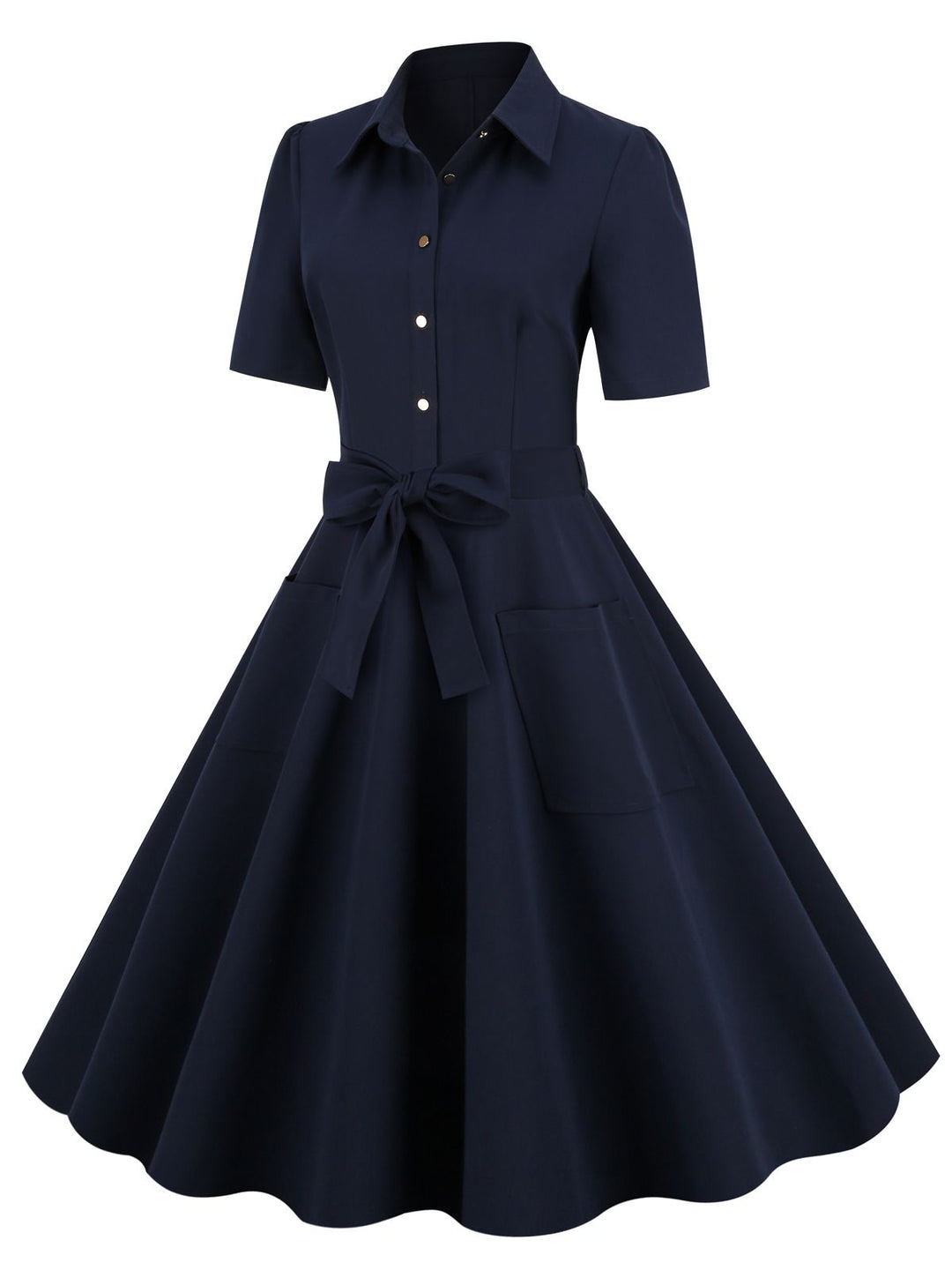 Navy Blue 1950s Solid Belt Swing Dress — vintage elegance for the modern woman