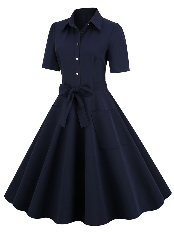 Navy Blue 1950s Solid Belt Swing Dress — vintage elegance for the modern woman