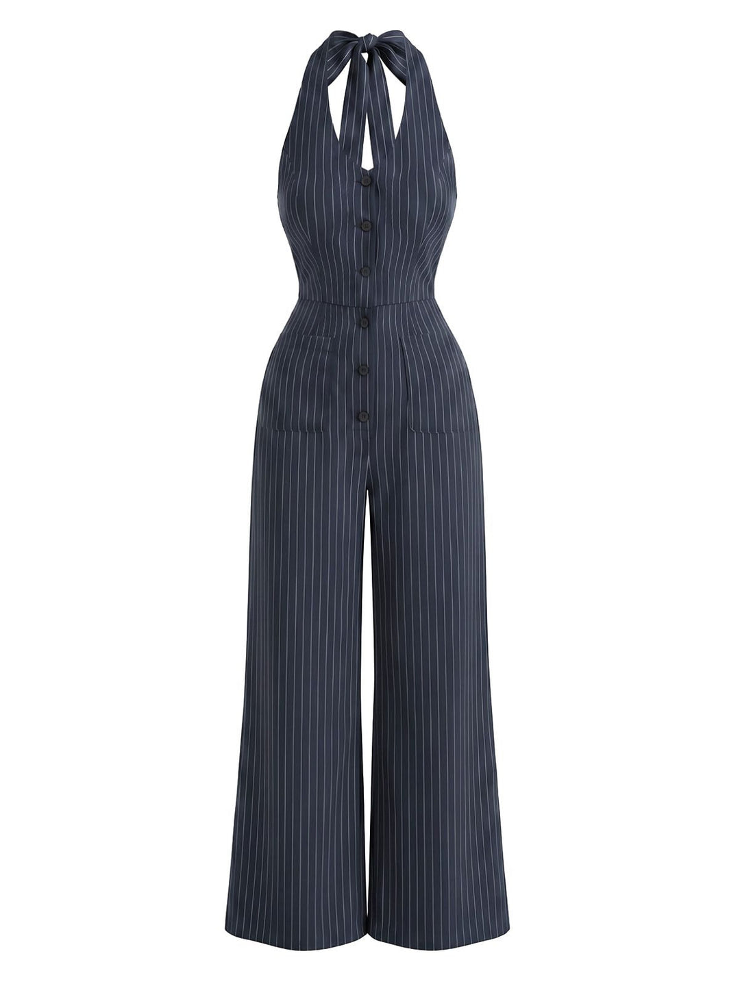 Navy Blue 1950s Striped Halter Backless Jumpsuit, vintage romper, retro jumpsuit - perfect for women who love vintage and retro fashion