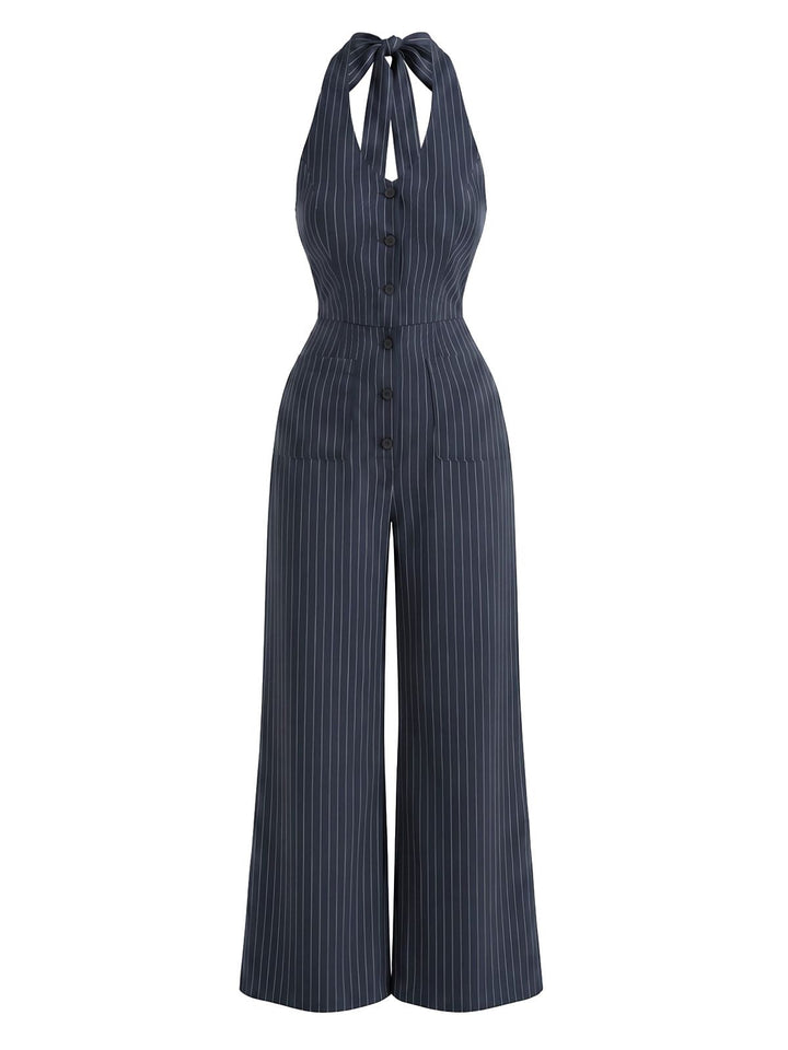 Navy Blue 1950s Striped Halter Backless Jumpsuit, vintage romper, retro jumpsuit - perfect for women who love vintage and retro fashion