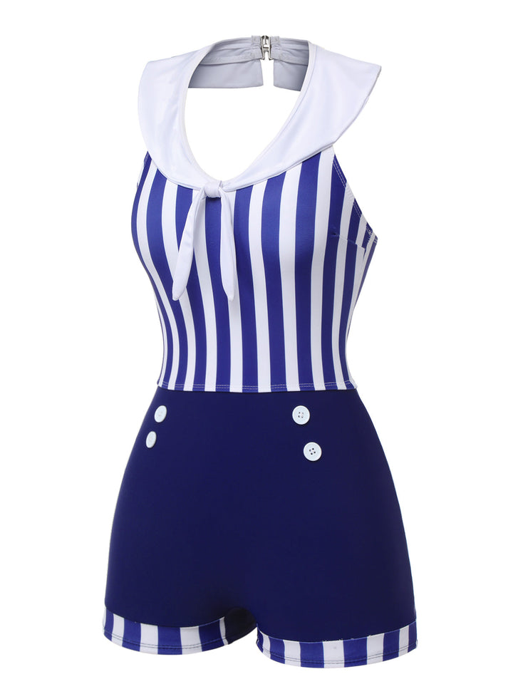 Navy Blue Striped Navy Collar Swimsuit, vintage swimsuit, swimwear - perfect for women who love vintage and retro fashion
