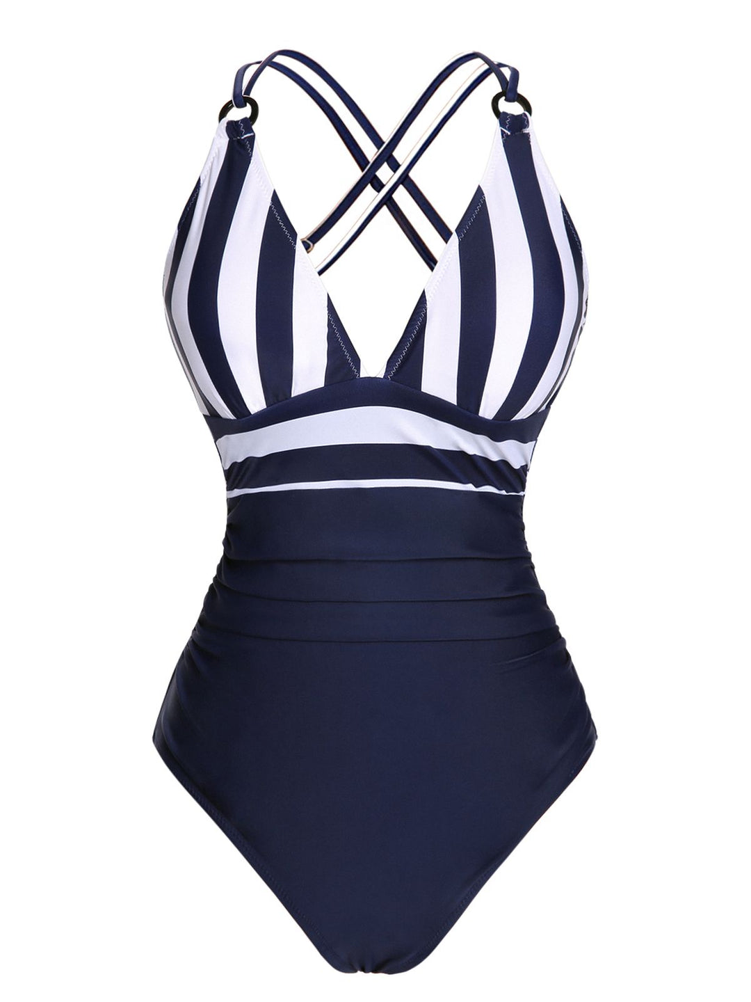 Navy Blue 1950s Stripes Strap Patchwork Swimsuit: timeless style reimagined