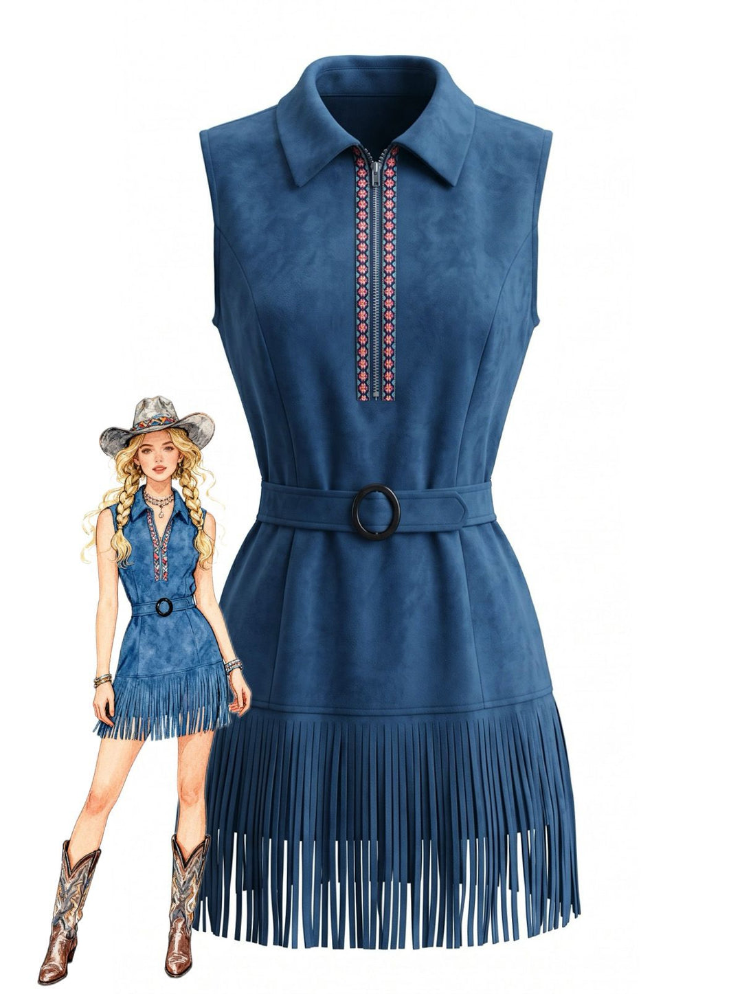 Navy Blue 1970s Faux Suede Western Fringe Belted Dress, vintage dress, retro fashion - perfect for women who love vintage and retro fashion