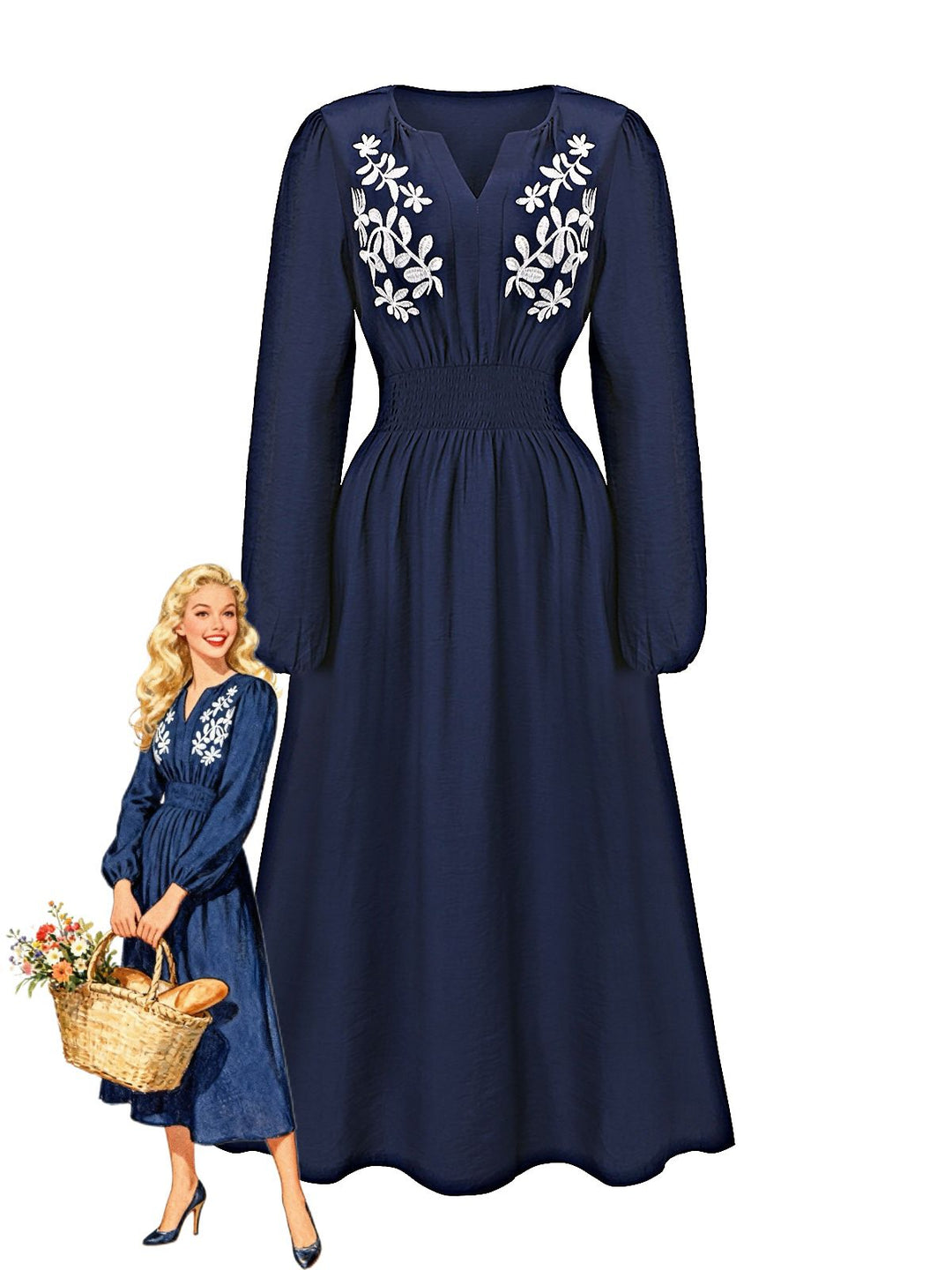 Navy Blue 1970s Floral Embroidered Maxi Dress - vintage dress, retro fashion, elegant red