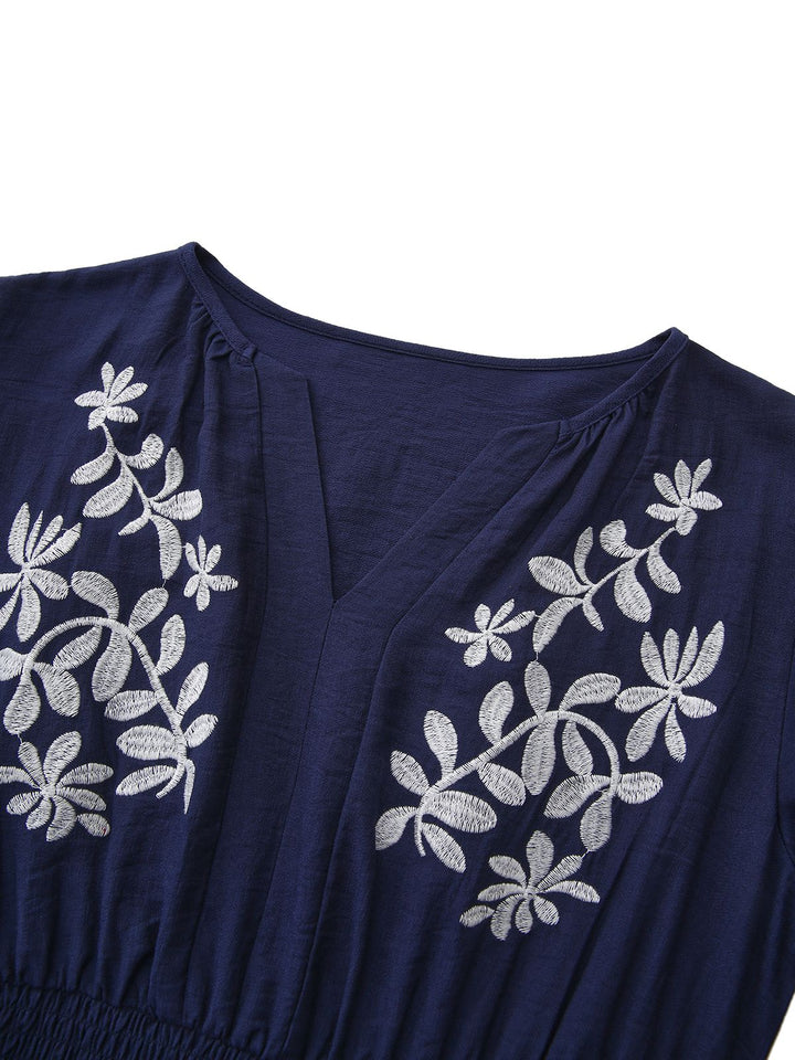 Navy Blue 1970s Floral Embroidered Maxi Dress - vintage dress, retro fashion, elegant red